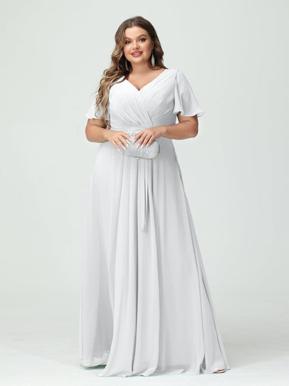 Vestidos Princesa/ Formato A Decote Em V Manga Curta Chiffon Split Side Plus Size Vestidos de Dama de Honra com Bolsos e Cinto