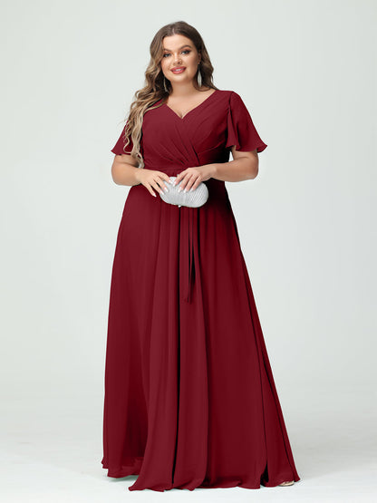 Vestidos Princesa/ Formato A Decote Em V Manga Curta Chiffon Split Side Plus Size Vestidos de Dama de Honra com Bolsos e Cinto