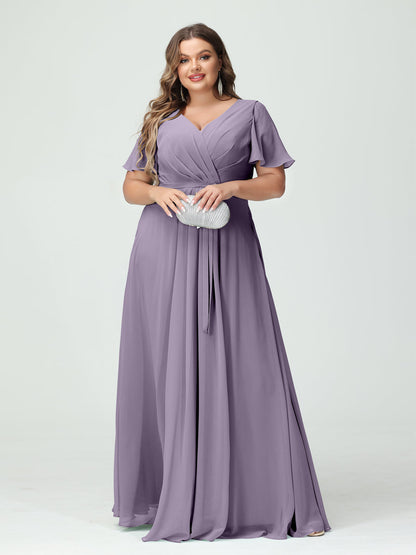 Vestidos Princesa/ Formato A Decote Em V Manga Curta Chiffon Split Side Plus Size Vestidos de Dama de Honra com Bolsos e Cinto