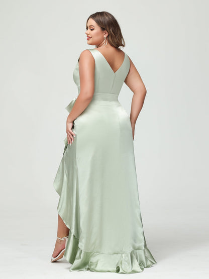 Bainha/Coluna Decote Em V Sem Mangas com Babados Vestidos Plus Size Altos e Baixos com Bolsos e Faixa