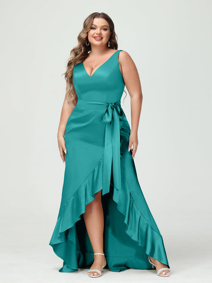 Bainha/Coluna Decote Em V Sem Mangas com Babados Vestidos Plus Size Altos e Baixos com Bolsos e Faixa