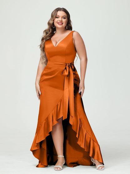 Bainha/Coluna Decote Em V Sem Mangas com Babados Vestidos Plus Size Altos e Baixos com Bolsos e Faixa