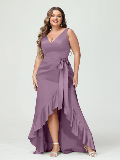 Bainha/Coluna Decote Em V Sem Mangas com Babados Vestidos Plus Size Altos e Baixos com Bolsos e Faixa