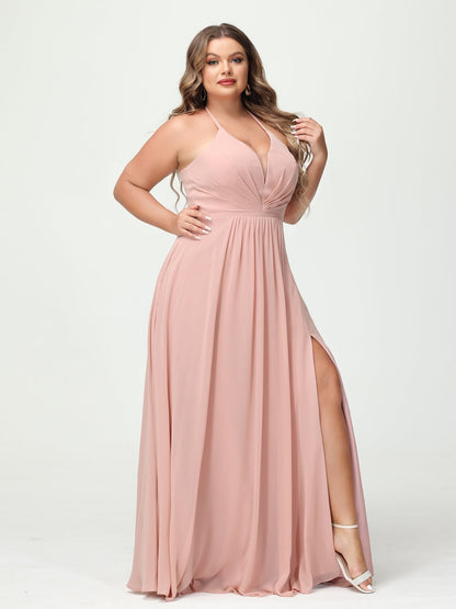A-Line/Princesa Halter Sem Mangas Chiffon Ruched Split Side Plus Size Vestidos de Dama de Honra com Bolsos