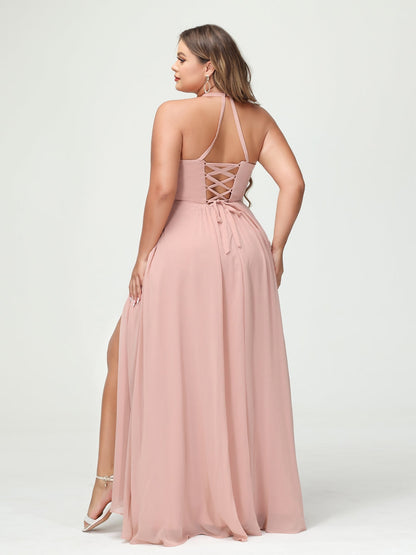 A-Line/Princesa Halter Sem Mangas Chiffon Ruched Split Side Plus Size Vestidos de Dama de Honra com Bolsos