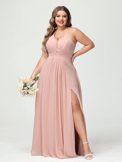 A-Line/Princesa Halter Sem Mangas Chiffon Ruched Split Side Plus Size Vestidos de Dama de Honra com Bolsos