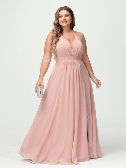 A-Line/Princesa Halter Sem Mangas Chiffon Ruched Split Side Plus Size Vestidos de Dama de Honra com Bolsos