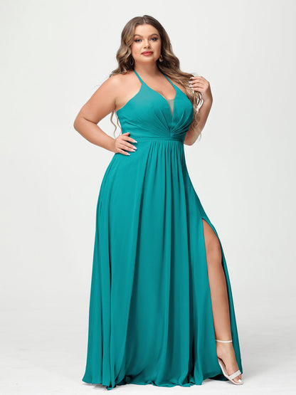 A-Line/Princesa Halter Sem Mangas Chiffon Ruched Split Side Plus Size Vestidos de Dama de Honra com Bolsos