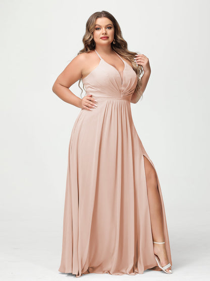 A-Line/Princesa Halter Sem Mangas Chiffon Ruched Split Side Plus Size Vestidos de Dama de Honra com Bolsos