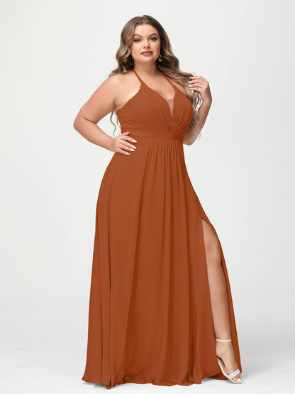 A-Line/Princesa Halter Sem Mangas Chiffon Ruched Split Side Plus Size Vestidos de Dama de Honra com Bolsos