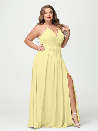 A-Line/Princesa Halter Sem Mangas Chiffon Ruched Split Side Plus Size Vestidos de Dama de Honra com Bolsos