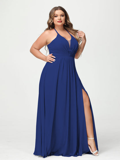 A-Line/Princesa Halter Sem Mangas Chiffon Ruched Split Side Plus Size Vestidos de Dama de Honra com Bolsos