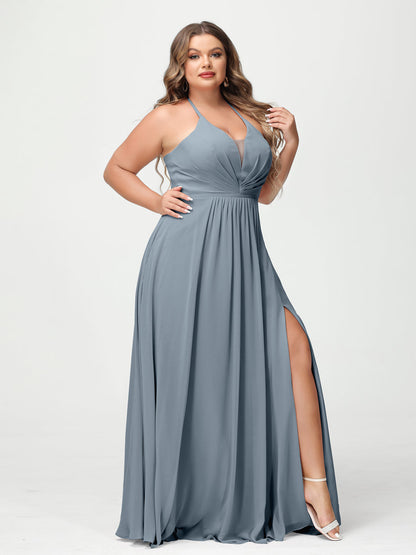 A-Line/Princesa Halter Sem Mangas Chiffon Ruched Split Side Plus Size Vestidos de Dama de Honra com Bolsos