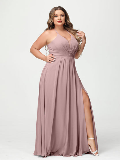 A-Line/Princesa Halter Sem Mangas Chiffon Ruched Split Side Plus Size Vestidos de Dama de Honra com Bolsos