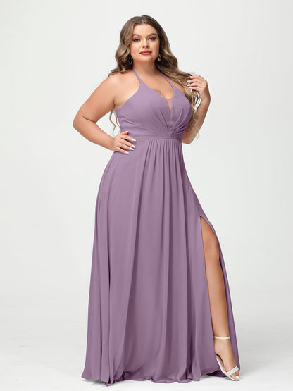 A-Line/Princesa Halter Sem Mangas Chiffon Ruched Split Side Plus Size Vestidos de Dama de Honra com Bolsos