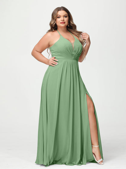 A-Line/Princesa Halter Sem Mangas Chiffon Ruched Split Side Plus Size Vestidos de Dama de Honra com Bolsos