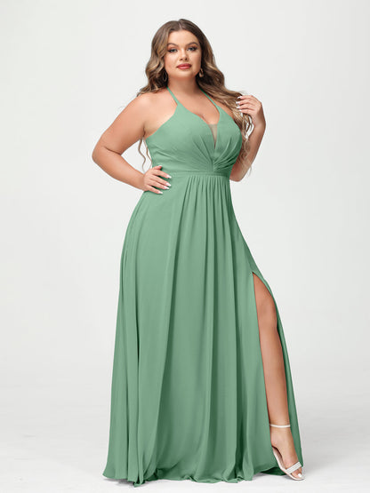 A-Line/Princesa Halter Sem Mangas Chiffon Ruched Split Side Plus Size Vestidos de Dama de Honra com Bolsos