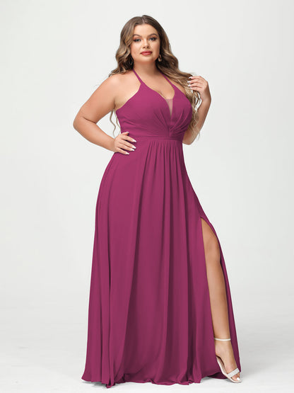 A-Line/Princesa Halter Sem Mangas Chiffon Ruched Split Side Plus Size Vestidos de Dama de Honra com Bolsos
