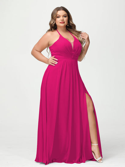 A-Line/Princesa Halter Sem Mangas Chiffon Ruched Split Side Plus Size Vestidos de Dama de Honra com Bolsos