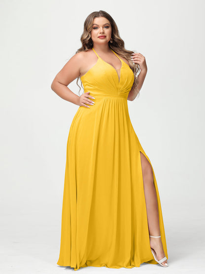 A-Line/Princesa Halter Sem Mangas Chiffon Ruched Split Side Plus Size Vestidos de Dama de Honra com Bolsos