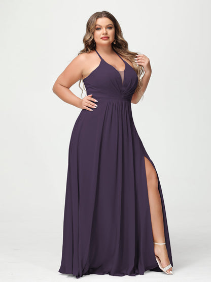 A-Line/Princesa Halter Sem Mangas Chiffon Ruched Split Side Plus Size Vestidos de Dama de Honra com Bolsos