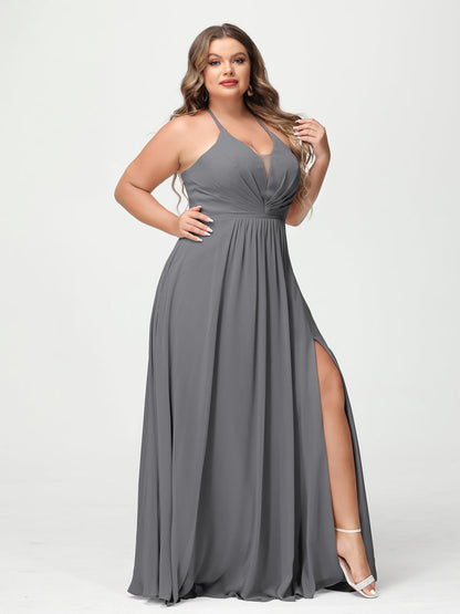 A-Line/Princesa Halter Sem Mangas Chiffon Ruched Split Side Plus Size Vestidos de Dama de Honra com Bolsos