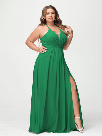 A-Line/Princesa Halter Sem Mangas Chiffon Ruched Split Side Plus Size Vestidos de Dama de Honra com Bolsos
