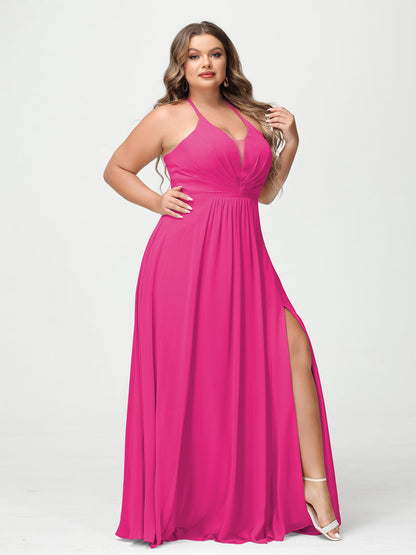 A-Line/Princesa Halter Sem Mangas Chiffon Ruched Split Side Plus Size Vestidos de Dama de Honra com Bolsos
