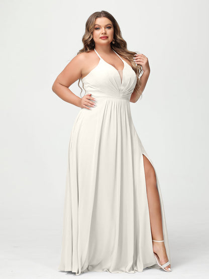 A-Line/Princesa Halter Sem Mangas Chiffon Ruched Split Side Plus Size Vestidos de Dama de Honra com Bolsos