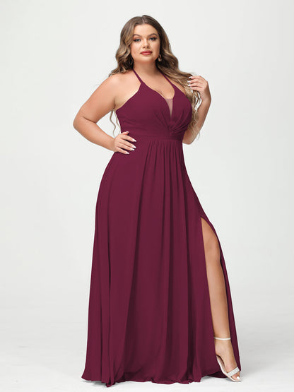 A-Line/Princesa Halter Sem Mangas Chiffon Ruched Split Side Plus Size Vestidos de Dama de Honra com Bolsos