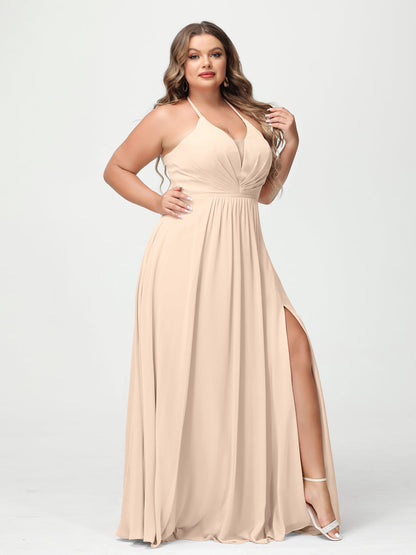 A-Line/Princesa Halter Sem Mangas Chiffon Ruched Split Side Plus Size Vestidos de Dama de Honra com Bolsos