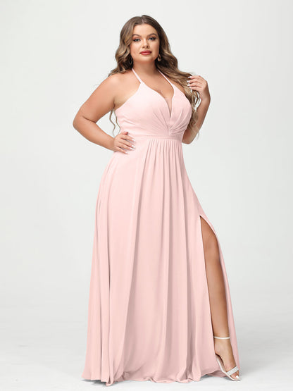 A-Line/Princesa Halter Sem Mangas Chiffon Ruched Split Side Plus Size Vestidos de Dama de Honra com Bolsos