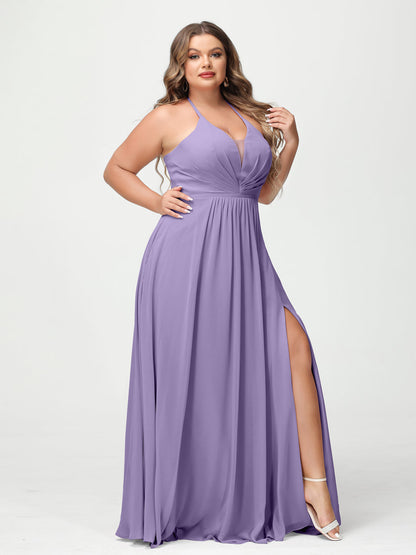 A-Line/Princesa Halter Sem Mangas Chiffon Ruched Split Side Plus Size Vestidos de Dama de Honra com Bolsos