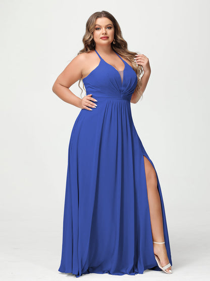 A-Line/Princesa Halter Sem Mangas Chiffon Ruched Split Side Plus Size Vestidos de Dama de Honra com Bolsos