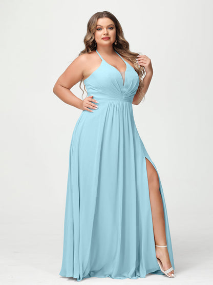 A-Line/Princesa Halter Sem Mangas Chiffon Ruched Split Side Plus Size Vestidos de Dama de Honra com Bolsos