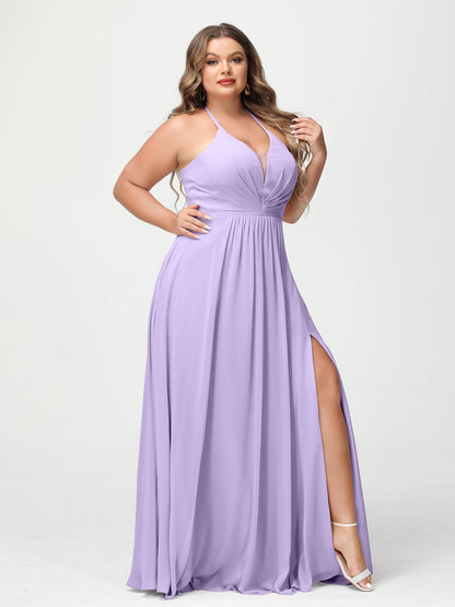 A-Line/Princesa Halter Sem Mangas Chiffon Ruched Split Side Plus Size Vestidos de Dama de Honra com Bolsos