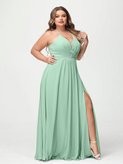 A-Line/Princesa Halter Sem Mangas Chiffon Ruched Split Side Plus Size Vestidos de Dama de Honra com Bolsos