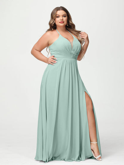 A-Line/Princesa Halter Sem Mangas Chiffon Ruched Split Side Plus Size Vestidos de Dama de Honra com Bolsos