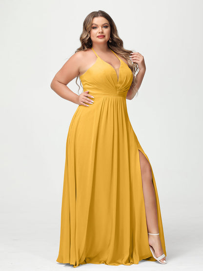 A-Line/Princesa Halter Sem Mangas Chiffon Ruched Split Side Plus Size Vestidos de Dama de Honra com Bolsos