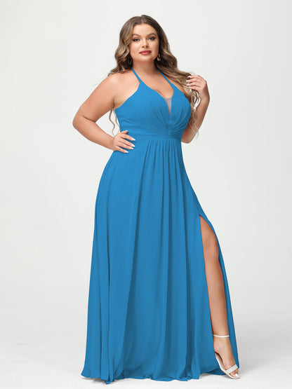 A-Line/Princesa Halter Sem Mangas Chiffon Ruched Split Side Plus Size Vestidos de Dama de Honra com Bolsos