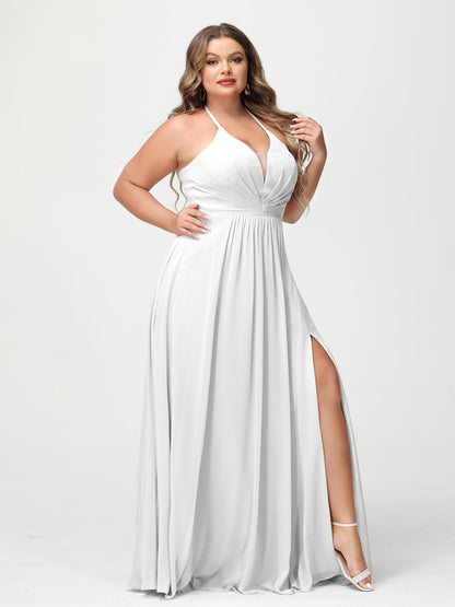 A-Line/Princesa Halter Sem Mangas Chiffon Ruched Split Side Plus Size Vestidos de Dama de Honra com Bolsos