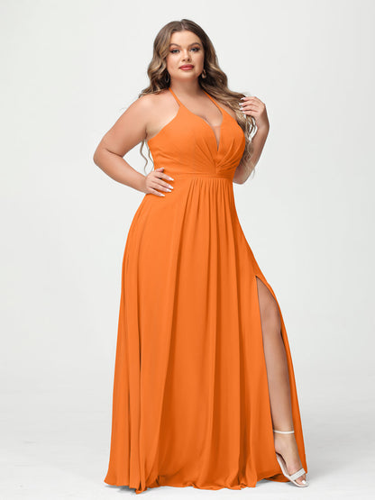 A-Line/Princesa Halter Sem Mangas Chiffon Ruched Split Side Plus Size Vestidos de Dama de Honra com Bolsos