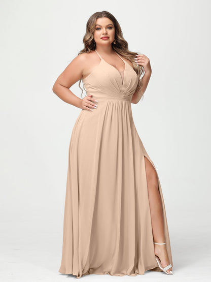 A-Line/Princesa Halter Sem Mangas Chiffon Ruched Split Side Plus Size Vestidos de Dama de Honra com Bolsos