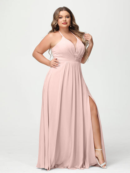 A-Line/Princesa Halter Sem Mangas Chiffon Ruched Split Side Plus Size Vestidos de Dama de Honra com Bolsos