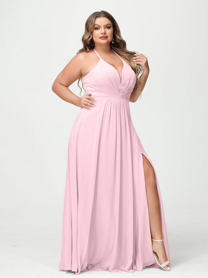 A-Line/Princesa Halter Sem Mangas Chiffon Ruched Split Side Plus Size Vestidos de Dama de Honra com Bolsos