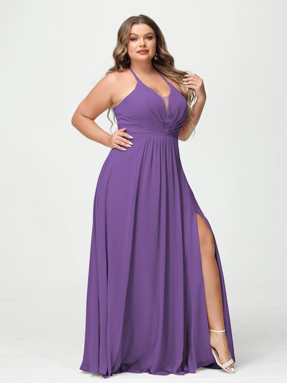 A-Line/Princesa Halter Sem Mangas Chiffon Ruched Split Side Plus Size Vestidos de Dama de Honra com Bolsos