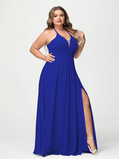 A-Line/Princesa Halter Sem Mangas Chiffon Ruched Split Side Plus Size Vestidos de Dama de Honra com Bolsos