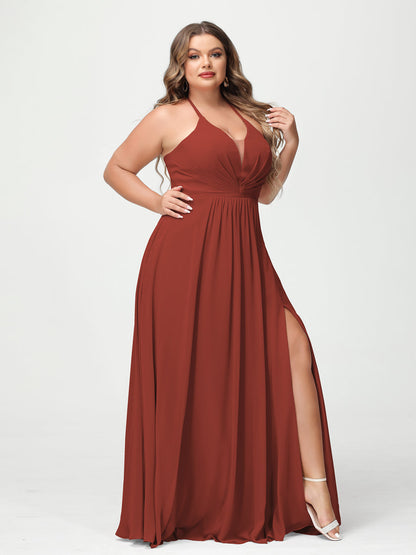 A-Line/Princesa Halter Sem Mangas Chiffon Ruched Split Side Plus Size Vestidos de Dama de Honra com Bolsos