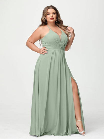 A-Line/Princesa Halter Sem Mangas Chiffon Ruched Split Side Plus Size Vestidos de Dama de Honra com Bolsos