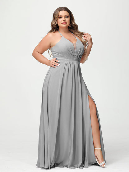 A-Line/Princesa Halter Sem Mangas Chiffon Ruched Split Side Plus Size Vestidos de Dama de Honra com Bolsos